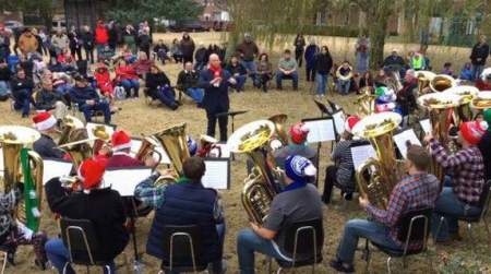 Photo of Tuba Christmas at Frank Phillips Home.