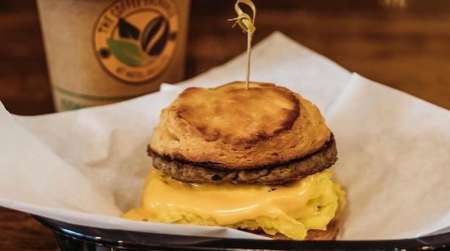 biscuit with sausage, egg & cheese with coffee