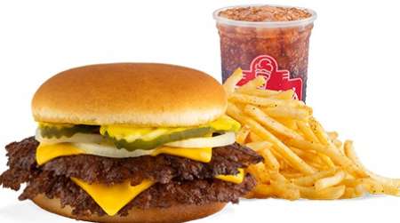 Double meat cheese burger, fries and drink