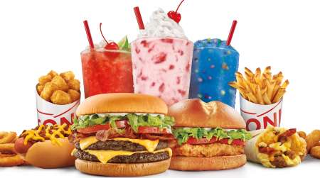 Mix of sandwiches, fries, tater tots, drinks