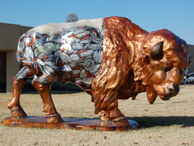Cashanova Painted buffalo sculpture with dollars and change