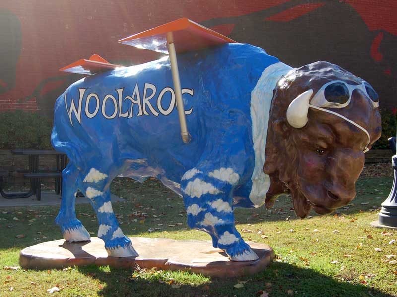 Woolaroc Wiley Painted buffalo sculpture inspired by Woolaroc plane and pilot Wiley Post.