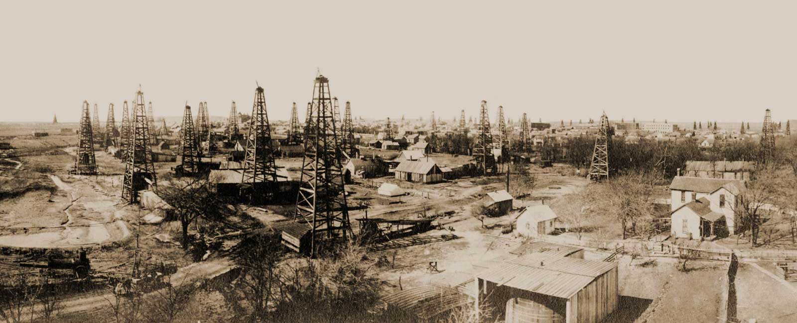 Historic Bartlesville photographed with oil wells stretching to horizon. Photo courtesy of Bartlesville Area History Museum.