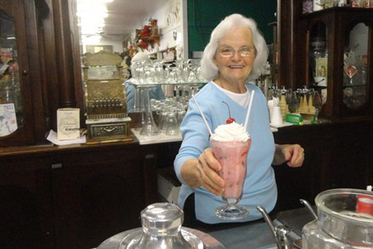 Linger Longer soda fountain Strawberry shake served from an antique soda fountain